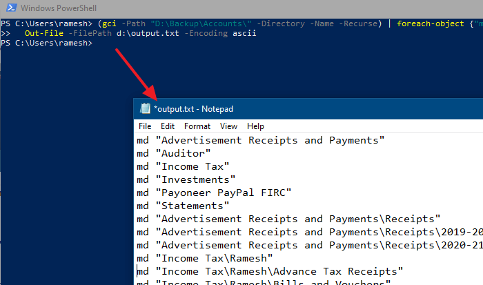 directory list structure batch file powershell