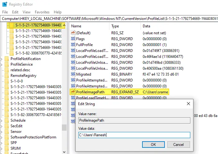 rename user profile sid registry