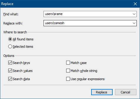 rename user profile registry find replace