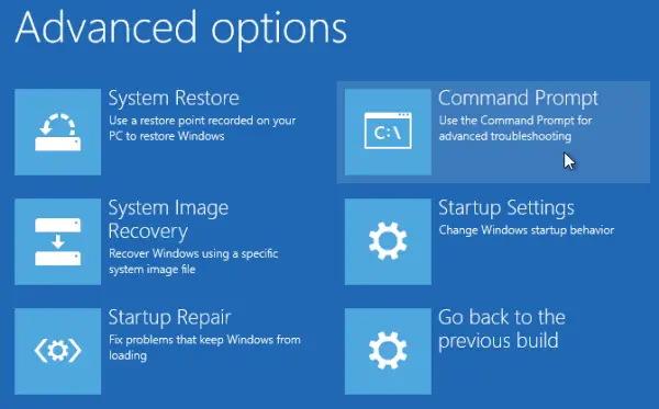 windows RE advanced options/command prompt