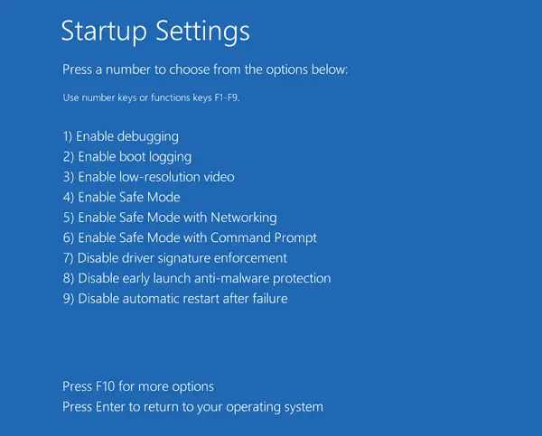 windows re startup settings