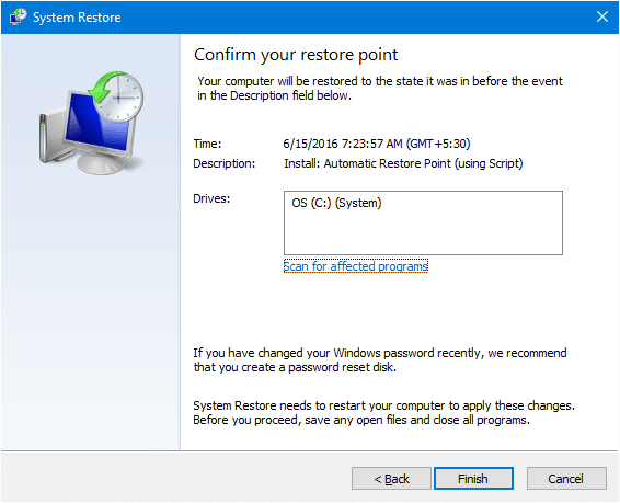 create restore point or rollback previous