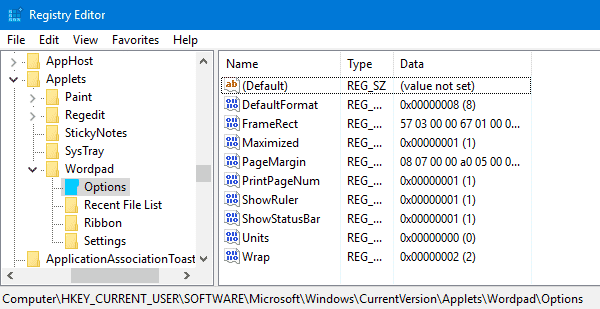 WordPad reset settings