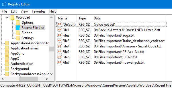 WordPad MRU reset