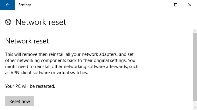 windows 10 network reset