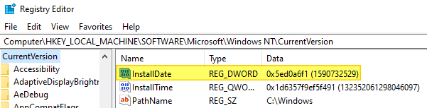 реестр - дата и время установки Windows