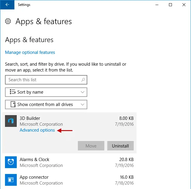 reset apps windows 10