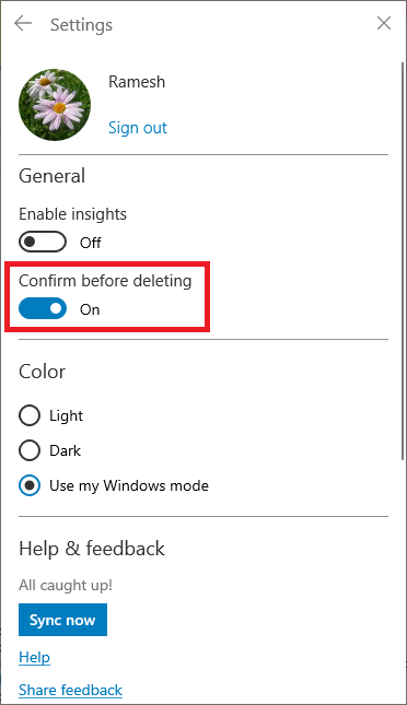 sticky notes delete confirmation prompt