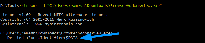 streams delete ntfs data stream for a file