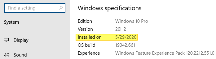 settings system about page - windows install date and time