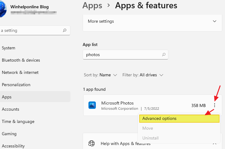 reset repair app apps & features windows 11