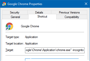 start chrome in incognito mode