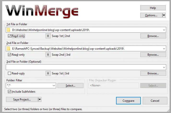 winmerge compare 1st folder 2nd folder open