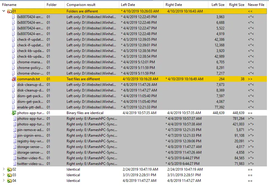 winmerge compare results expanded