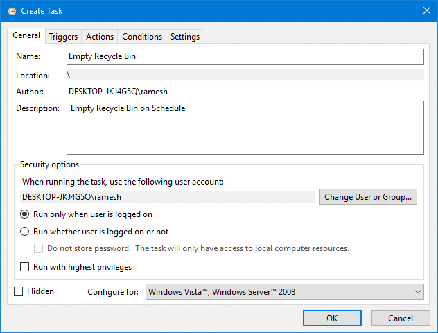 empty recycle bin task scheduler