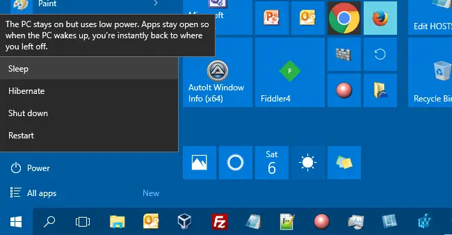 start menu sleep mode