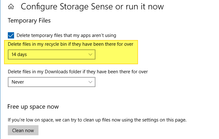 empty recycle bin - storage settings or storage sense