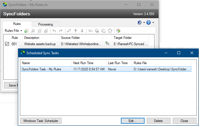 syncfolders - compare and sync files - task scheduler