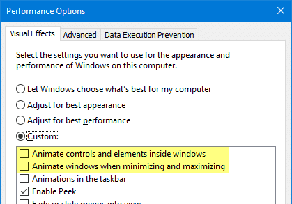 disable animation start menu windows 10