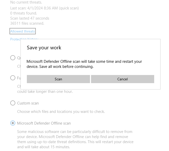 Microsoft Defender Offline scan - Virus and threat protection - Windows Security