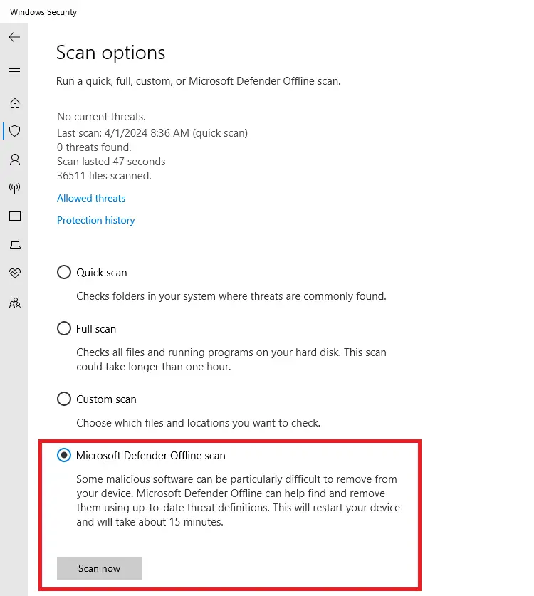 Microsoft Defender Offline scan - Virus and threat protection - Windows Security