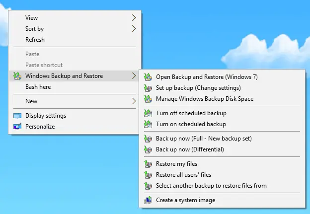 windows backup and restore context menu