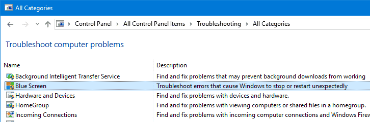 blue screen troubleshooter windows 10