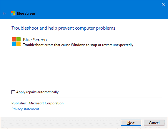 blue screen troubleshooter windows 10