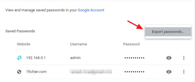 chrome export passwords to csv