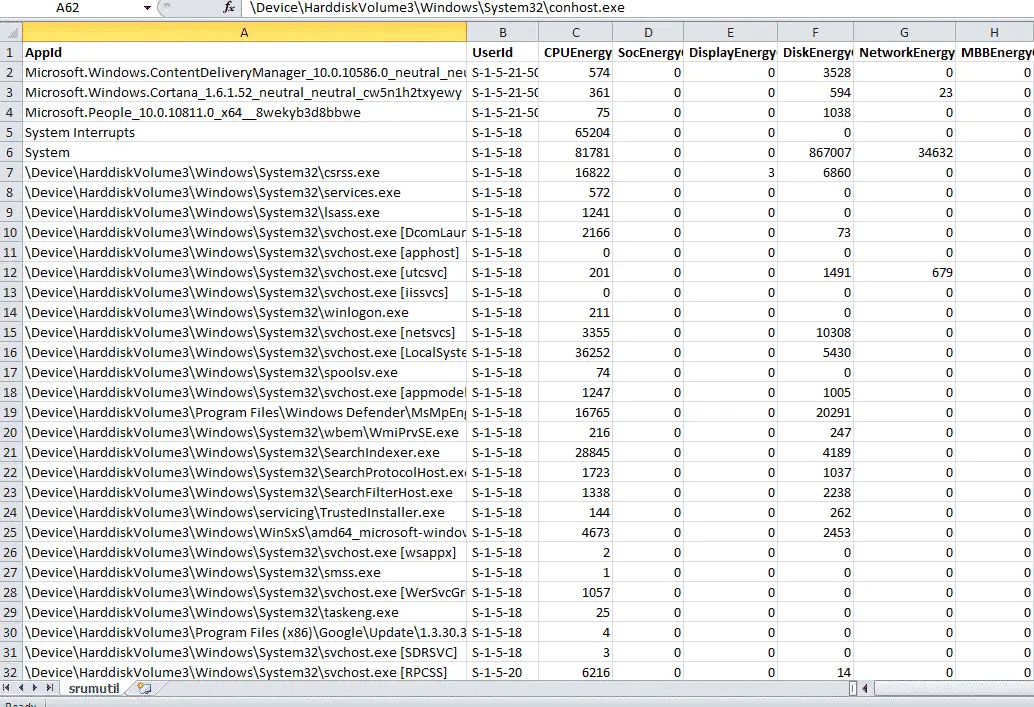 energy estimation engine powercfg srumutil