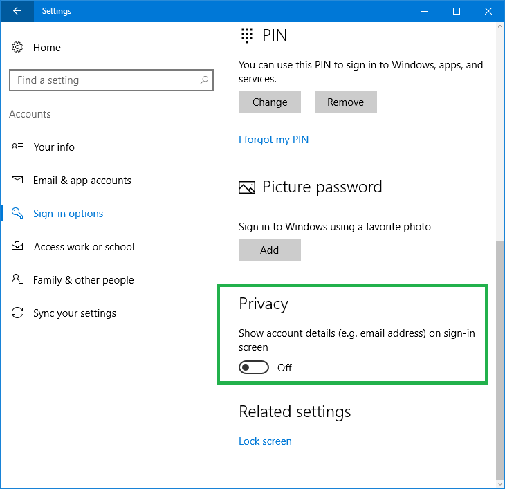 удалить экран входа в систему с почтовым адресом Windows 10