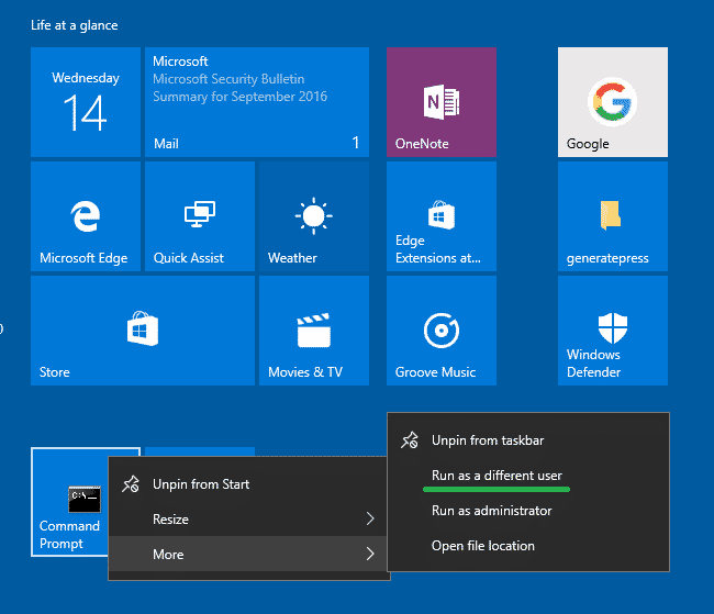 run as different user - add to windows 10 start