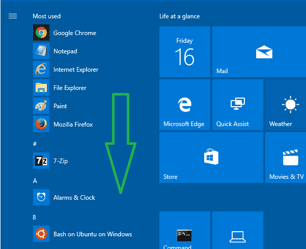 Start menu all apps scroll inactive windows