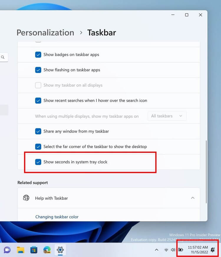 windows 11 taskbar clock show seconds