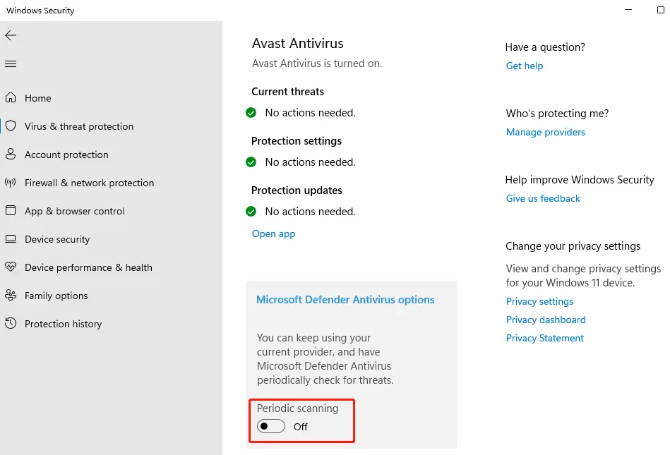 Limited periodic scanning - Defender settings - Windows 11