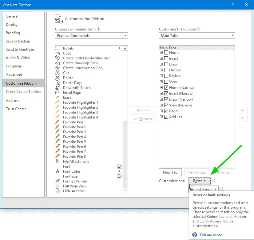 onenote 2016 reset ribbon toolbar