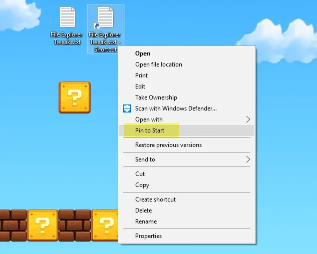 how do i pin files in windows 10