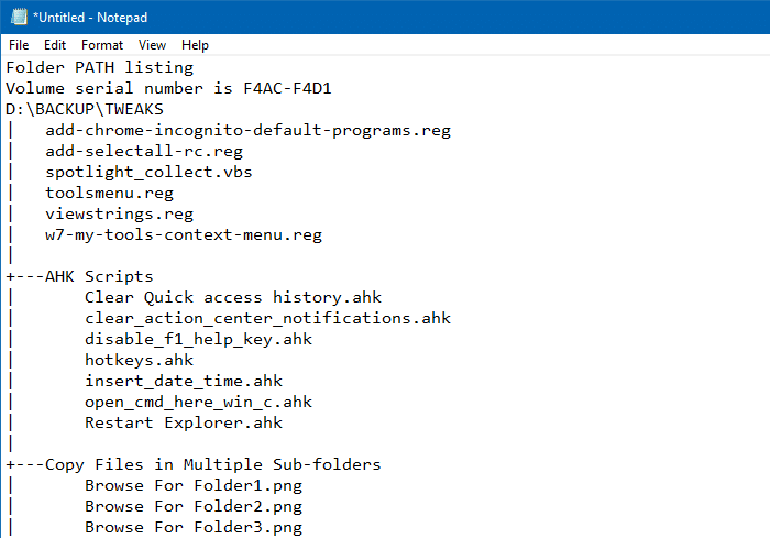 print directory contents in windows