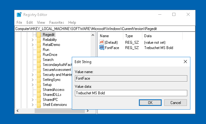 change registry editor font in windows 10