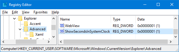 display seconds in taskbar clock