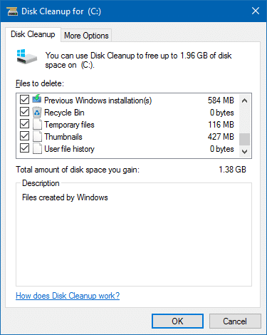 disk cleanup checkboxes
