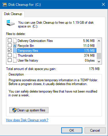 disk cleanup delete all temp files