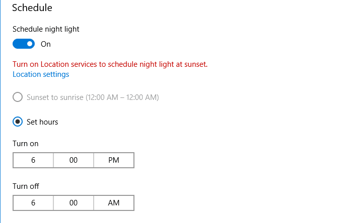 night light settings to lower blue light setting hours