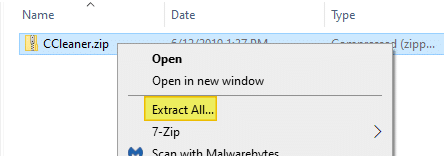 restore extract all command zip files context menu