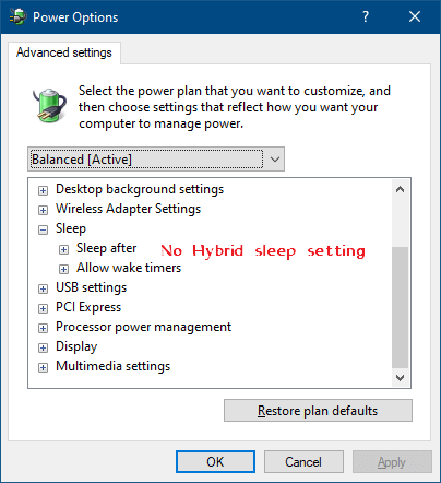 hybrid sleep disabled - reduced mode