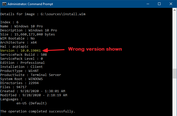 dism get wiminfo wrong version