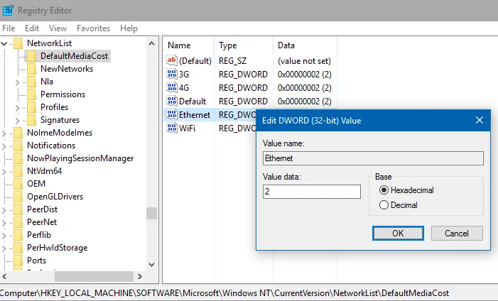 ethernet connection metered