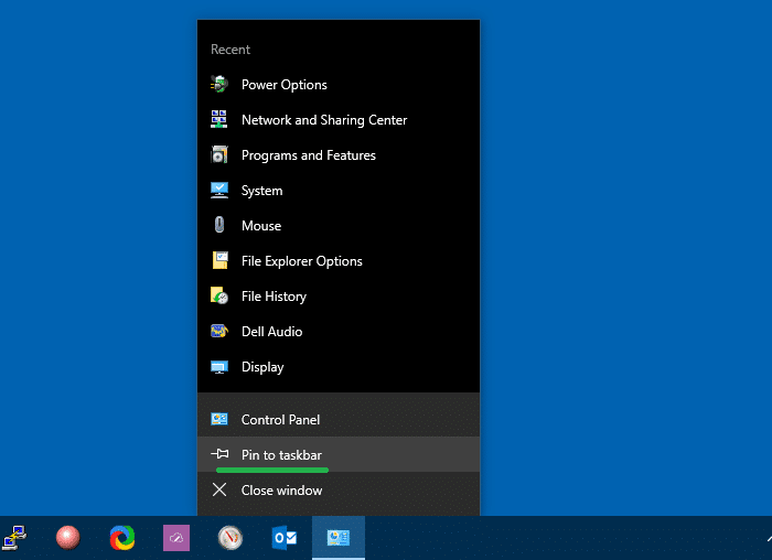 pin control panel taskbar