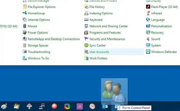 pin control panel taskbar