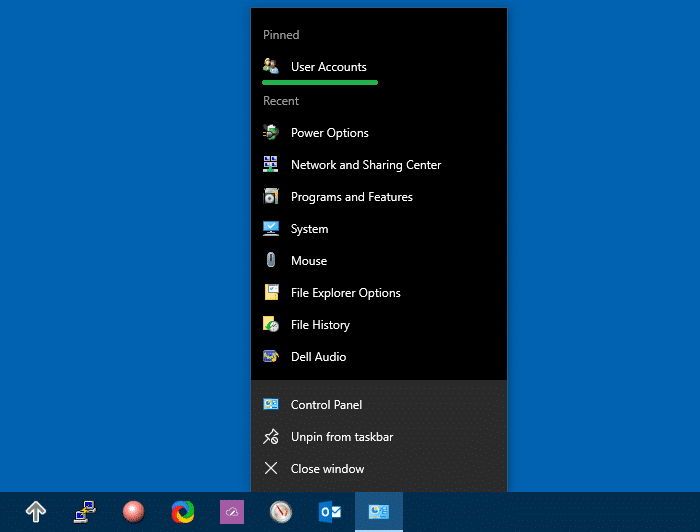 pin control panel taskbar